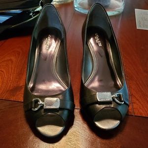 Coach Black Peeptoe Wedges with Silver Buckle
